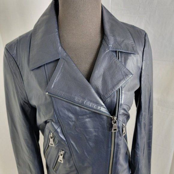 Tess Exotic Leather Biker Jacket Size Small Dark Blue 100% Sheepskin RARE UNIQUE - Picture 2 of 15